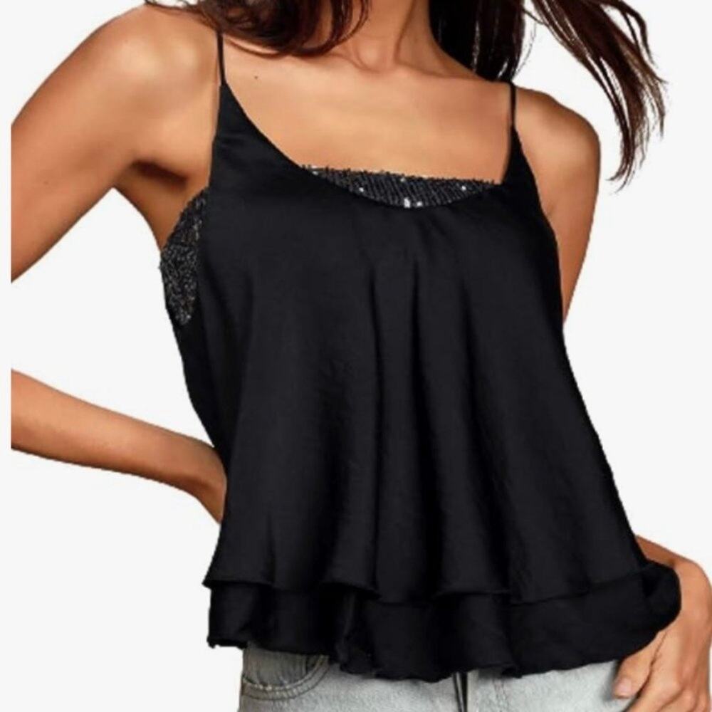 NWT Free People Turn It On Cami Black Sequin Trim Flowy Camisole Crop Top XL